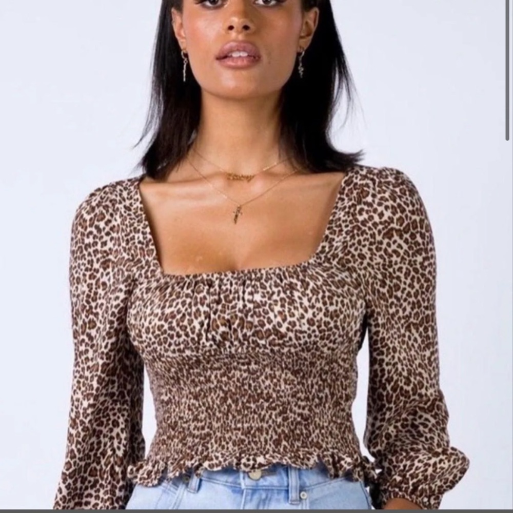 Princess Polly Smocked ruched leopard blouse top